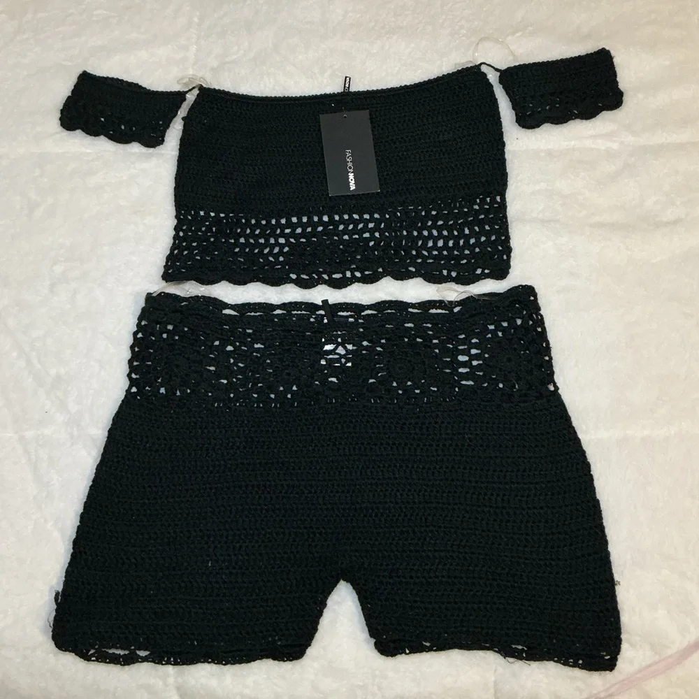 Black Crochet Top and shorts coverup Set - Picture 1 of 4